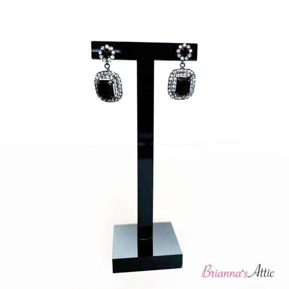 Black stone Crystal Silver Rhinestone Dangle Drop Clip-on Earrings - Picture 5 of 8